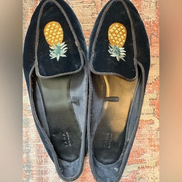 Zara Blue velvet pineapple smoking shoes loafers in size 37 - Picture 4 of 7